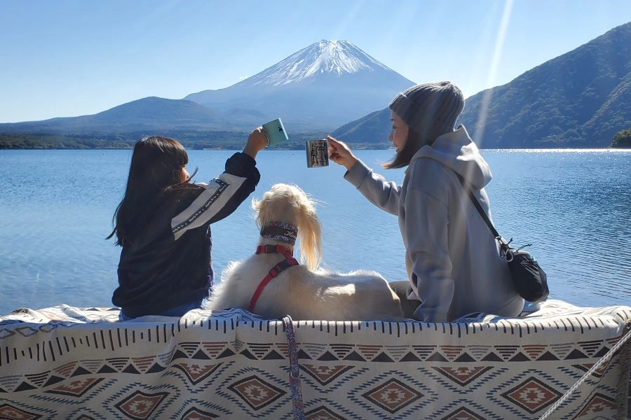 Family camping with dog around mountain 